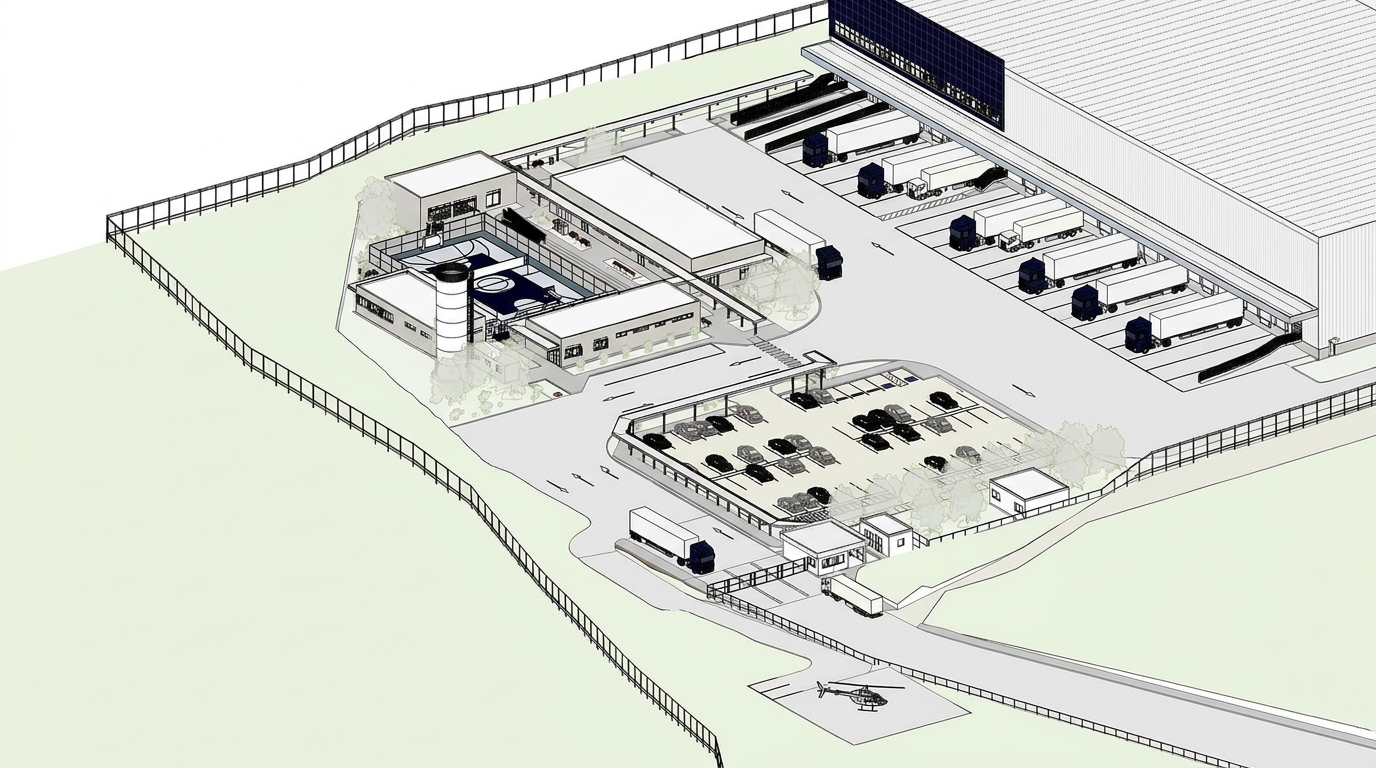 Perspectiva isométrica de um centro de distribuição com docas, pátio de carretas, estacionamento, portaria e heliponto